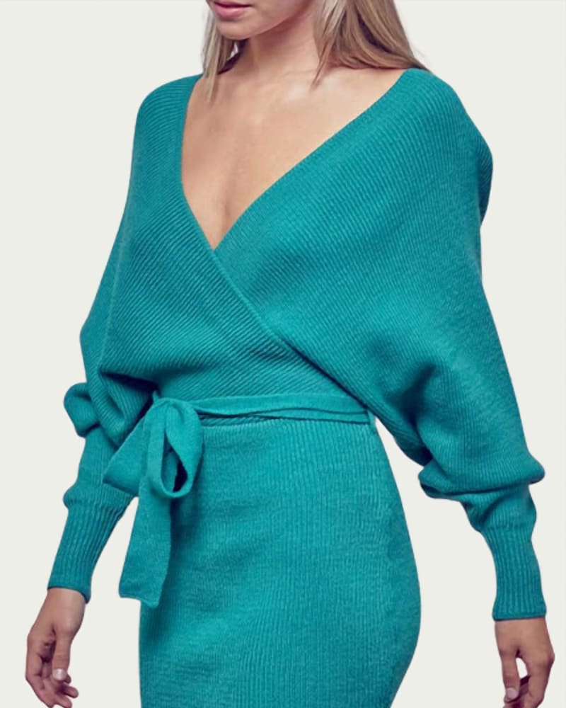 Front of a model wearing a size L Wrap-Effect Ribbed-Knit Mini Dress in Jade in Jade by Fore. | dia_product_style_image_id:341484